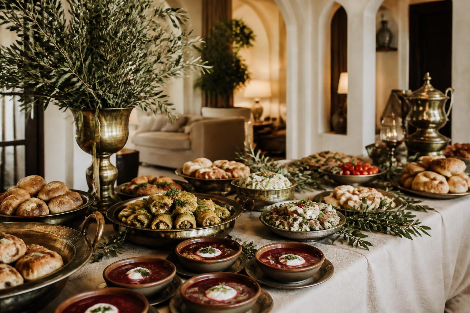Ukrainian catering table with borscht, cabbage rolls and fresh bread