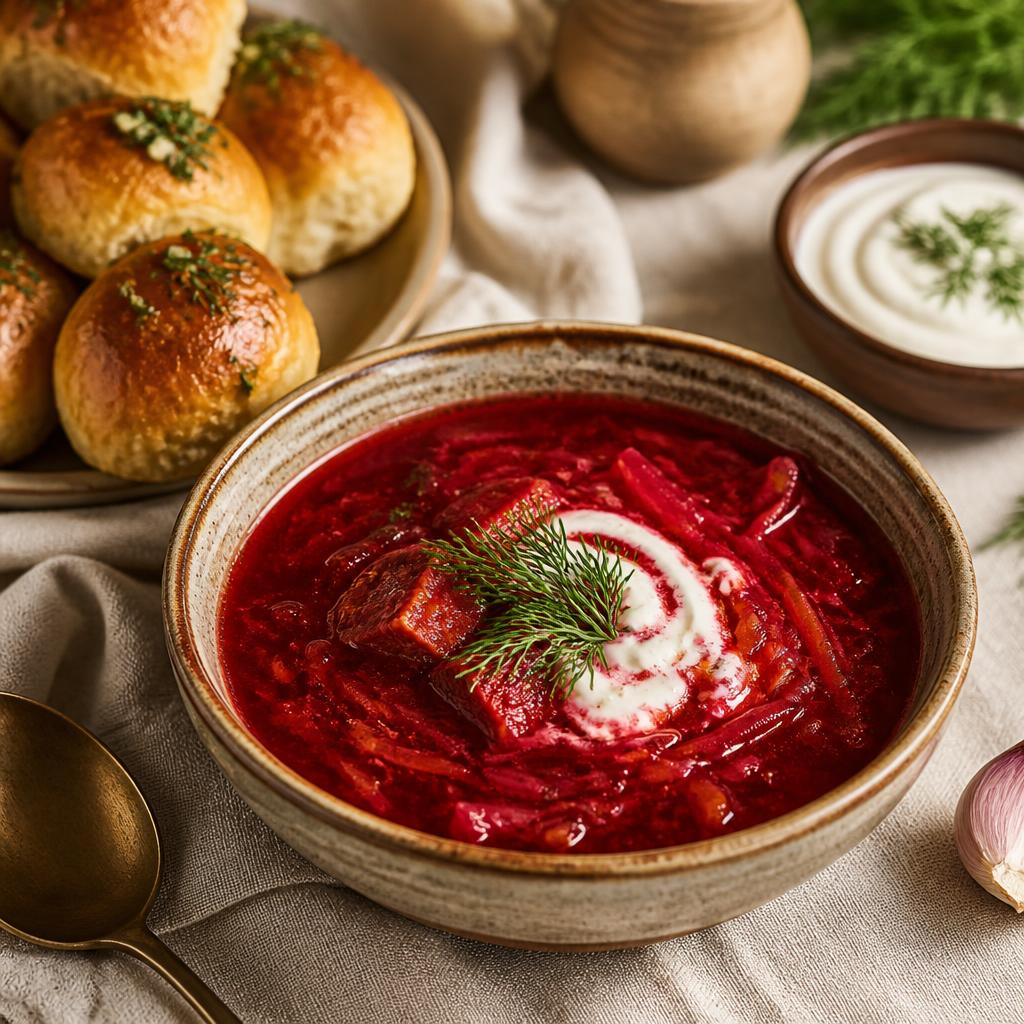 Red borscht with pampushky